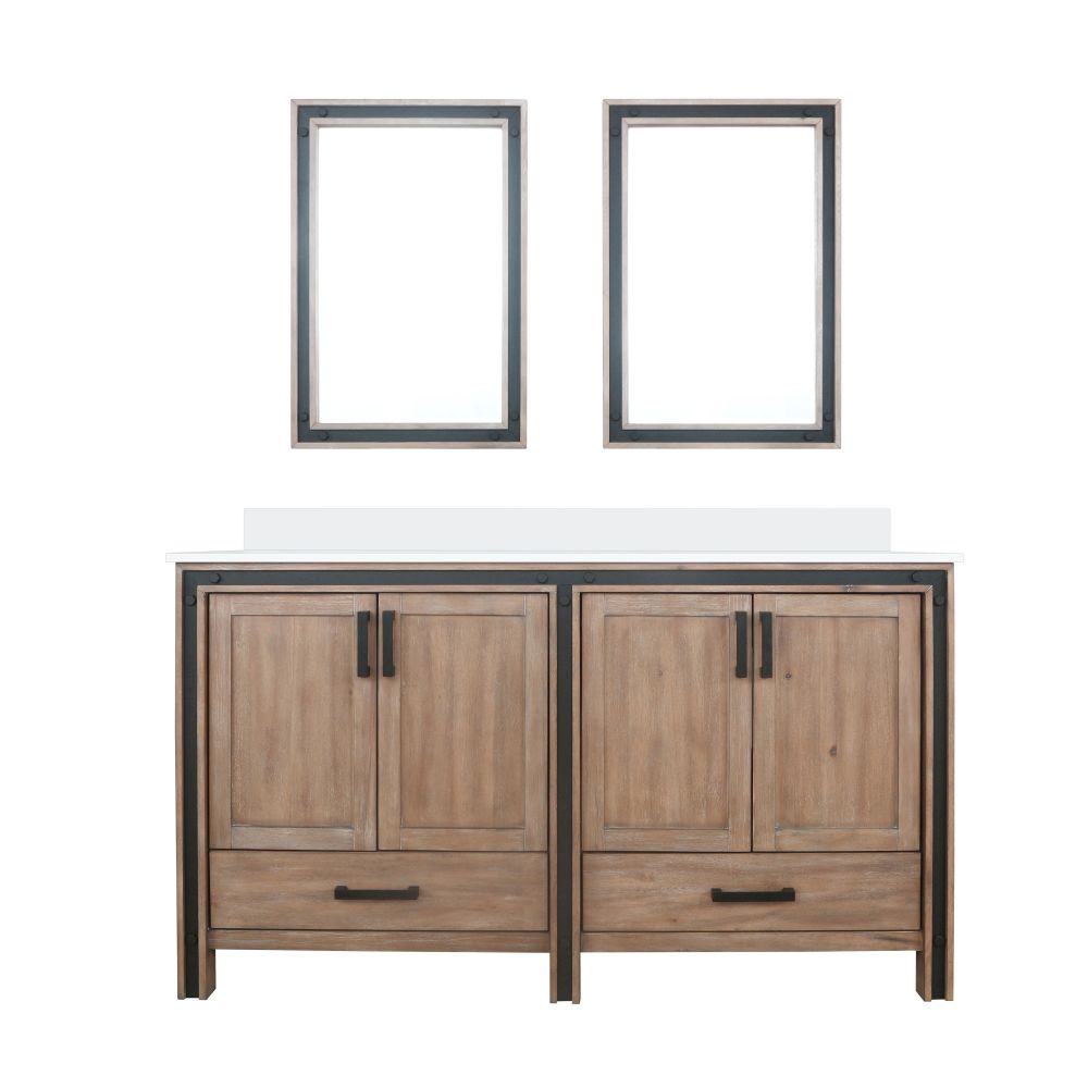 Ziva 60 in W x 22 in. D Rustic Barnwood Double Bath Vanity, Cultured Marble Top and 22 in Mirrors