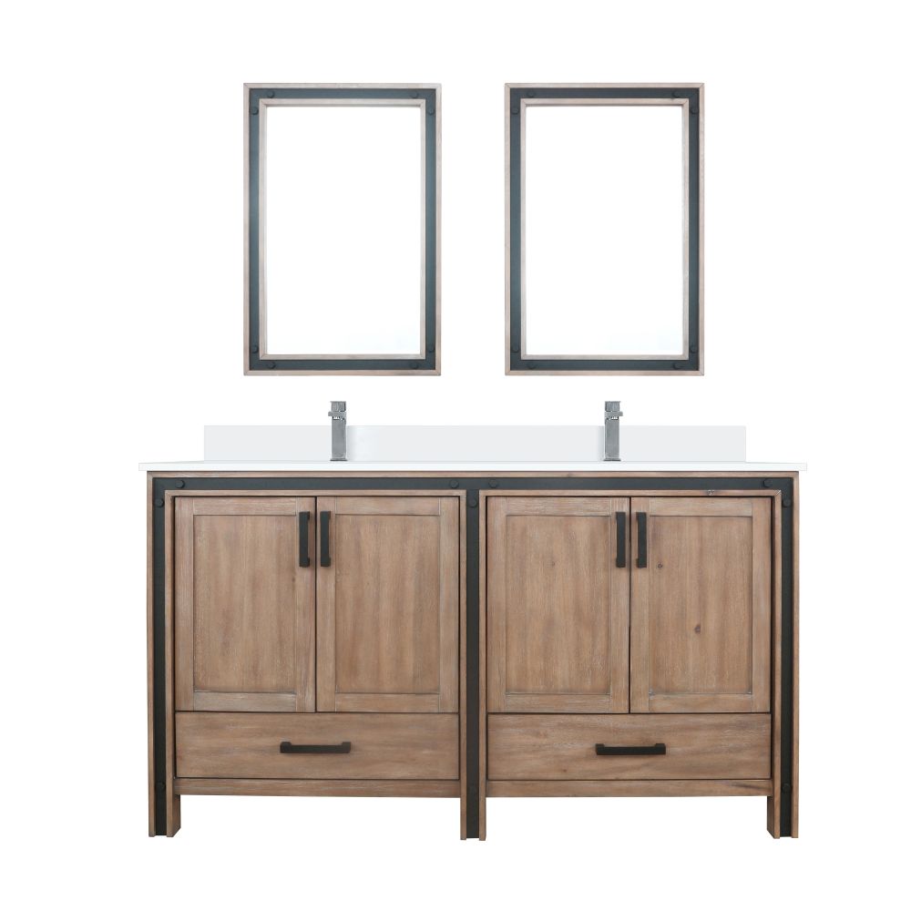 Ziva 60 in W x 22 in. D Rustic Barnwood Double Bath Vanity, Cultured Marble Top, Faucet Set and 22 in Mirrors