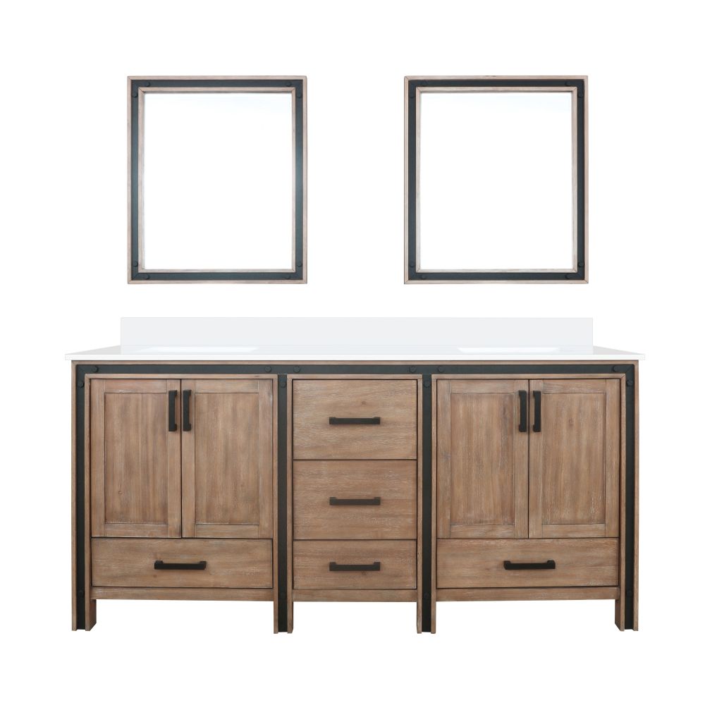 Ziva 72 in W x 22 in. D Rustic Barnwood Double Bath Vanity, Cultured Marble Top and 30 in Mirrors