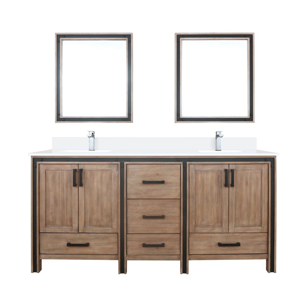 Ziva 72 in W x 22 in. D Rustic Barnwood Double Bath Vanity, Cultured Marble Top, Faucet Set and 30 in Mirrors