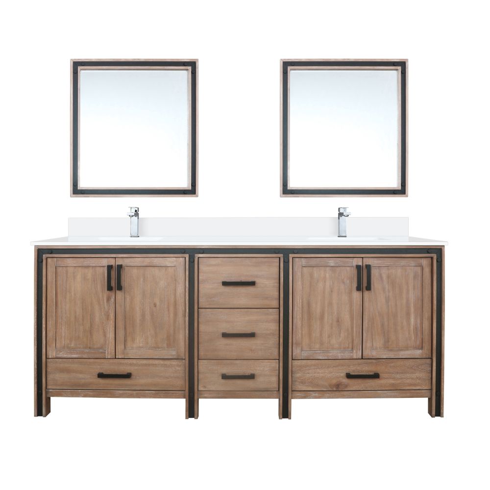Ziva 80 in W x 22 in. D Rustic Barnwood Double Bath Vanity, Cultured Marble Top, Faucet Set and 30 in Mirrors