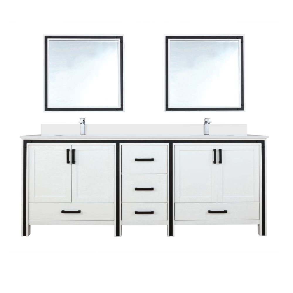 Ziva 84 in W x 22 in. D White Double Bath Vanity, Cultured Marble Top, Faucet Set and 34 in Mirrors