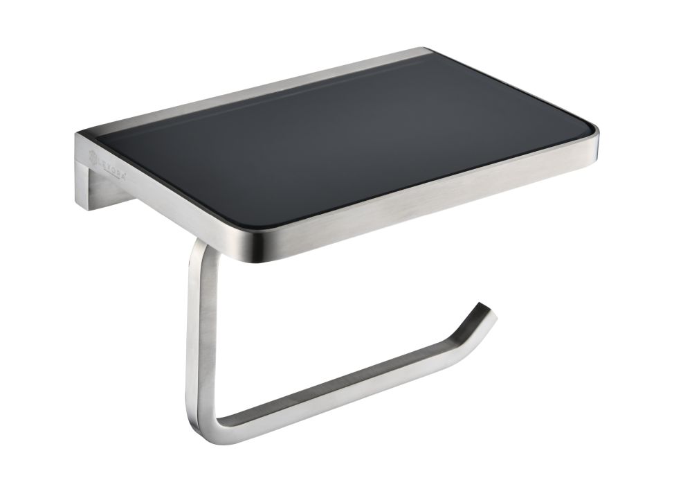 Bagno Bianca Stainless Steel Black Glass Shelf with Toilet Paper Holder in Brushed Nickel