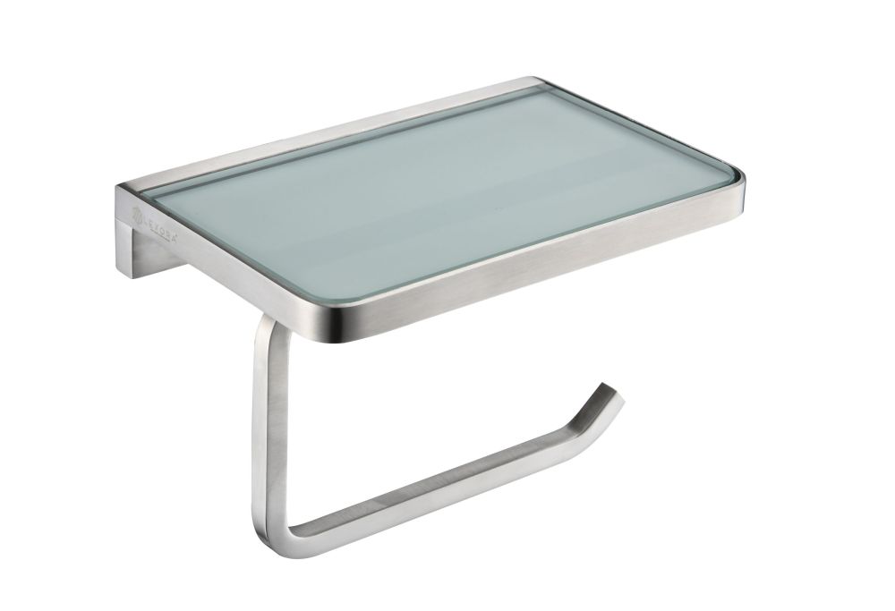 Bagno Bianca Stainless Steel White Glass Shelf with Toilet Paper Holder in Brushed Nickel