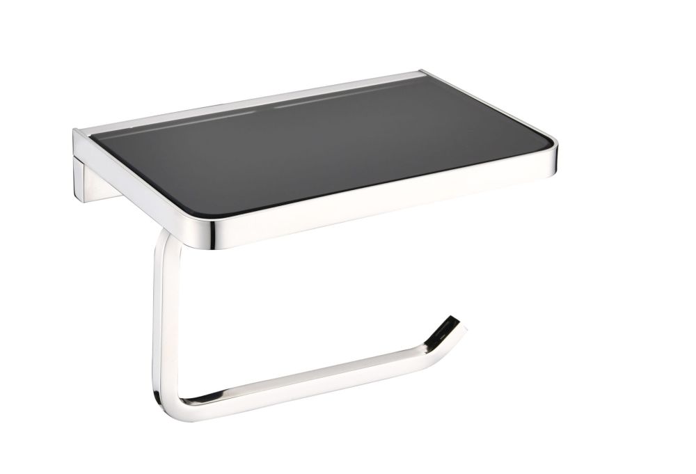 Bagno Bianca Stainless Steel Black Glass Shelf with Toilet Paper Holder in Chrome