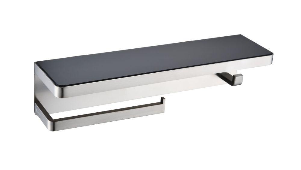 Bagno Bianca Stainless Steel Black Glass Shelf with Towel Bar & Robe Hook in Brushed Nickel