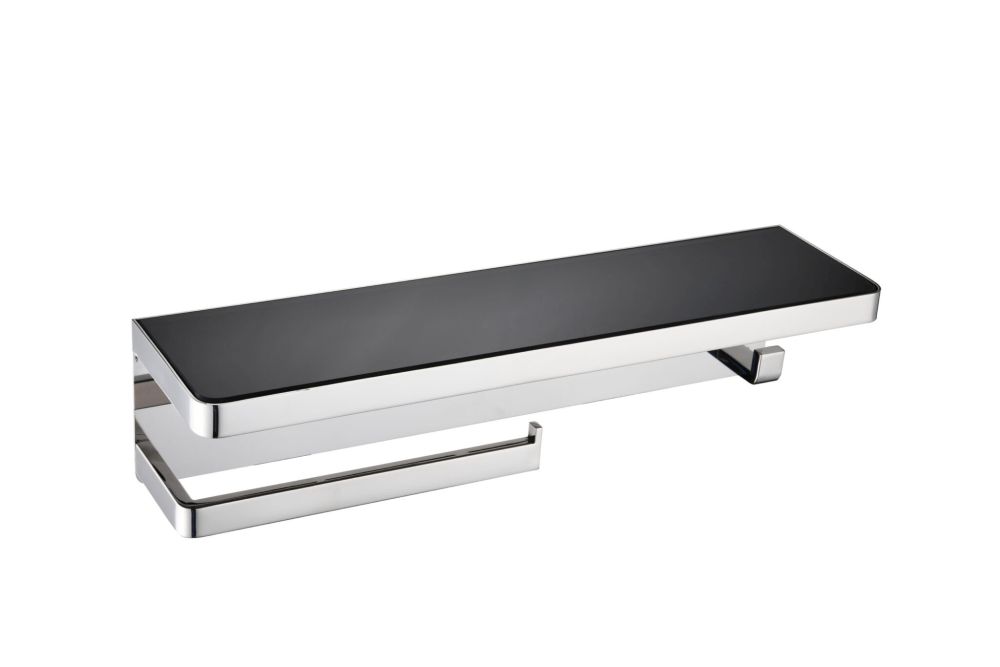Bagno Bianca Stainless Steel Black Glass Shelf with Towel Bar & Robe Hook in Chrome
