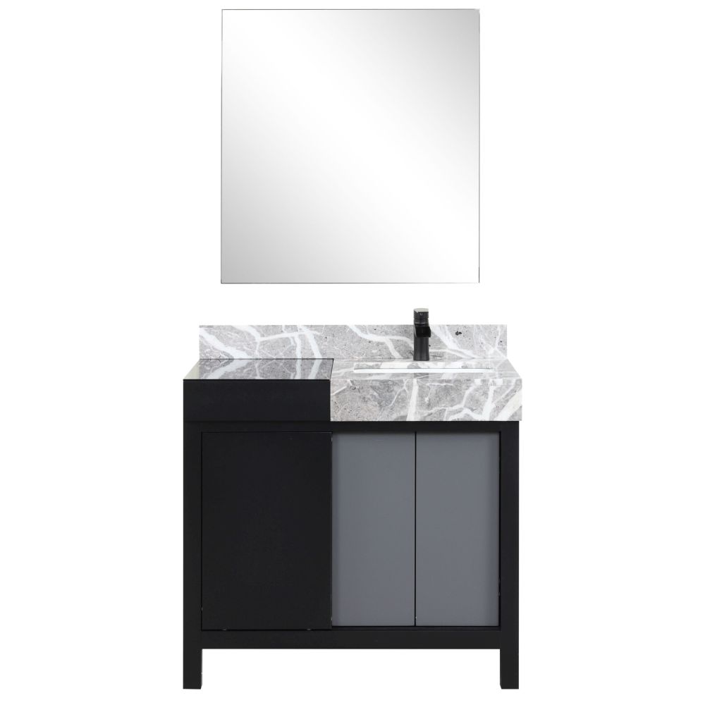 Zilara 36 in W x 22 in. D Black and Grey Bath Vanity, Castle Grey Marble Top, Matte Black Faucet Set and 30 in Mirror