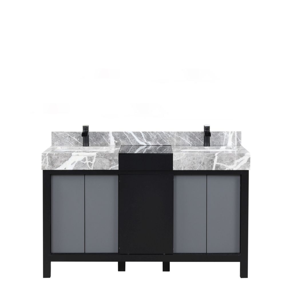 Zilara 55 in W x 22 in. D Black and Grey Double Bath Vanity, Castle Grey Marble Top and Matte Black Faucet Set