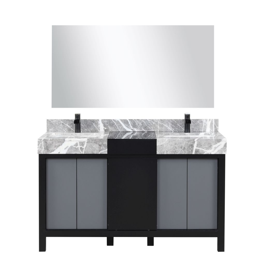 Zilara 55 in W x 22 in. D Black and Grey Double Bath Vanity, Castle Grey Marble Top, Matte Black Faucet Set and 53 in Mirror
