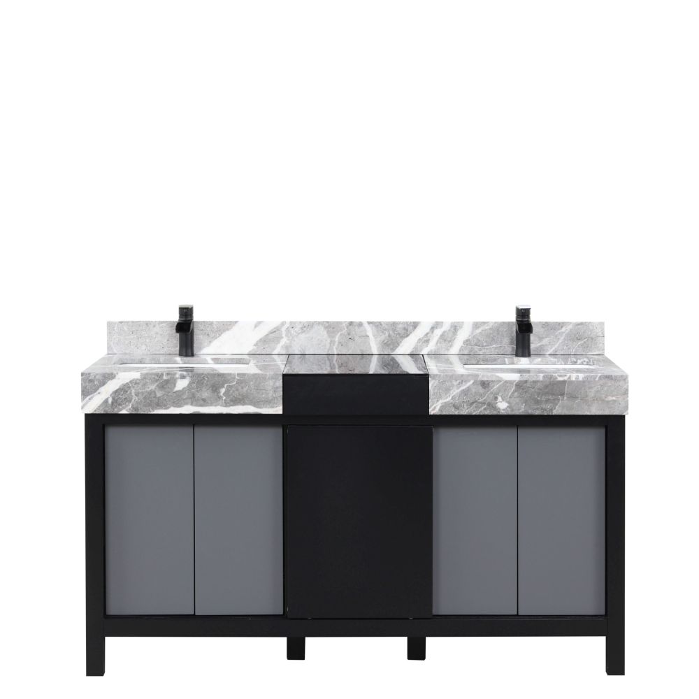 Zilara 60 in W x 22 in. D Black and Grey Double Bath Vanity, Castle Grey Marble Top and Matte Black Faucet Set