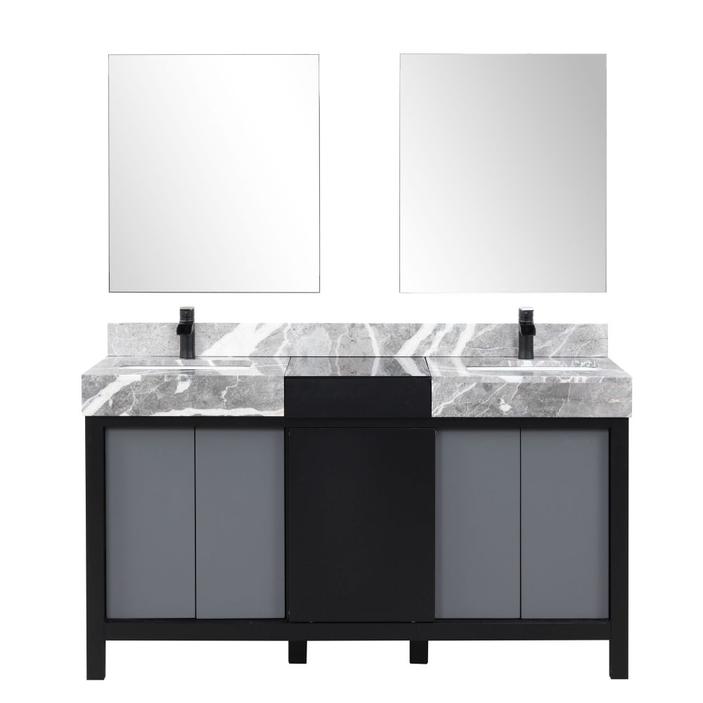 Zilara 60 in W x 22 in. D Black and Grey Double Bath Vanity, Castle Grey Marble Top, Matte Black Faucet Set and 28 in Mirrors