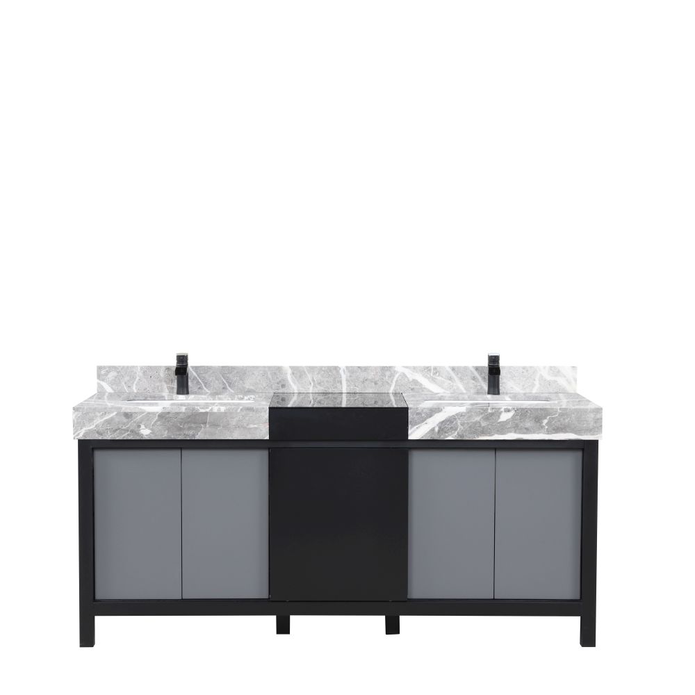 Zilara 72 in W x 22 in. D Black and Grey Double Bath Vanity, Castle Grey Marble Top and Matte Black Faucet Set