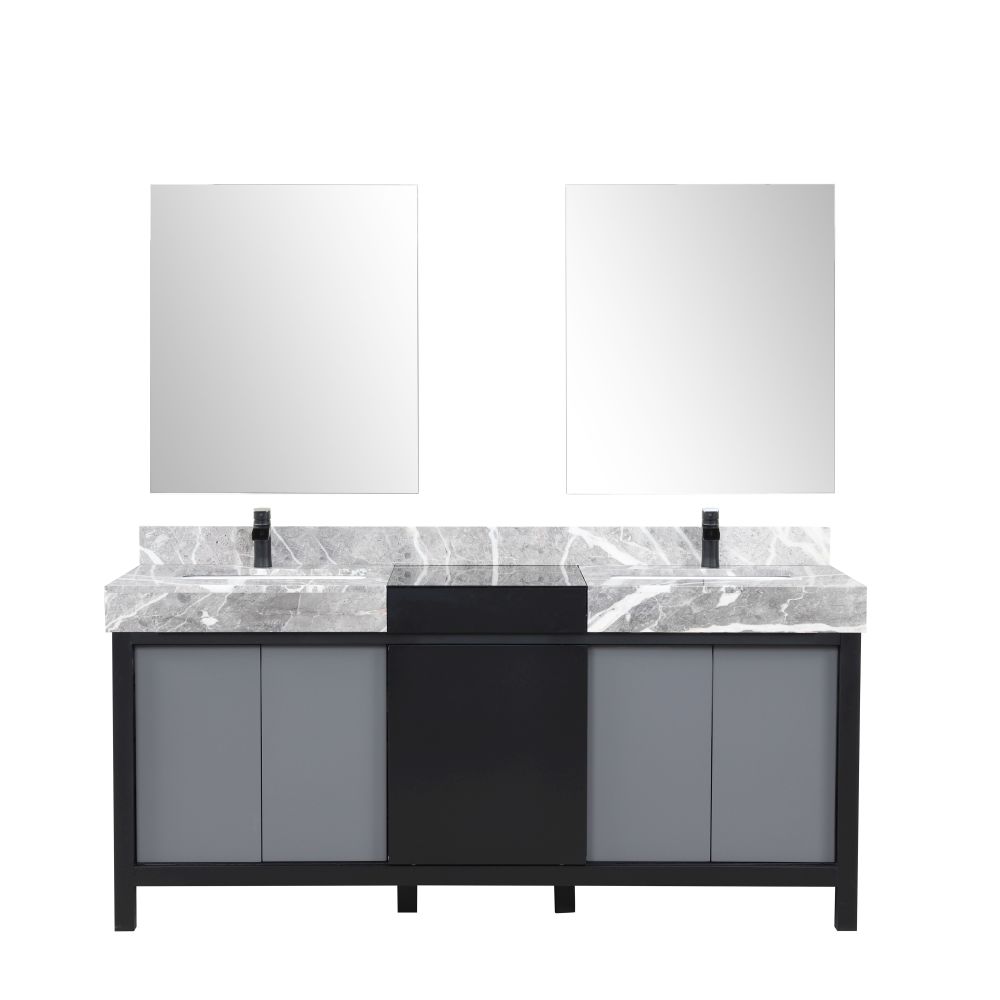 Zilara 72 in W x 22 in. D Black and Grey Double Bath Vanity, Castle Grey Marble Top, Matte Black Faucet Set and 28 in Mirrors