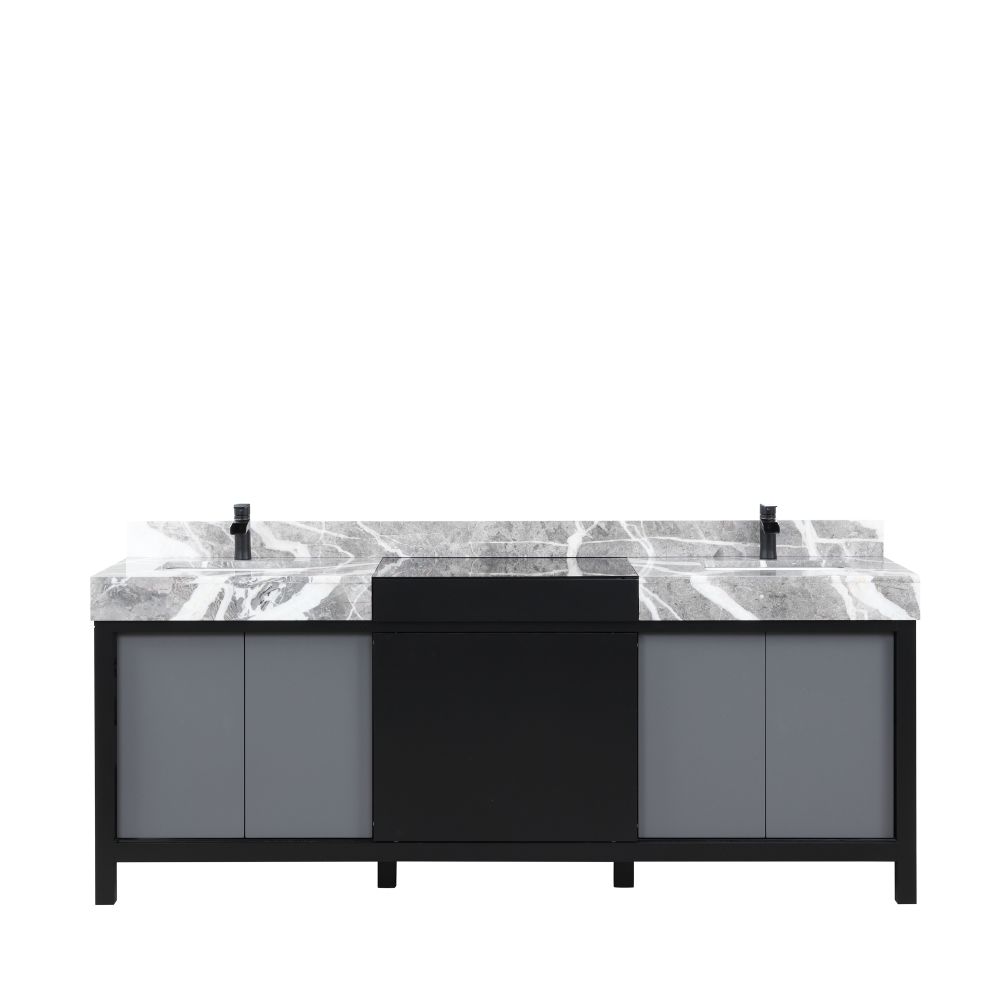 Zilara 84 in W x 22 in. D Black and Grey Double Bath Vanity, Castle Grey Marble Top and Matte Black Faucet Set