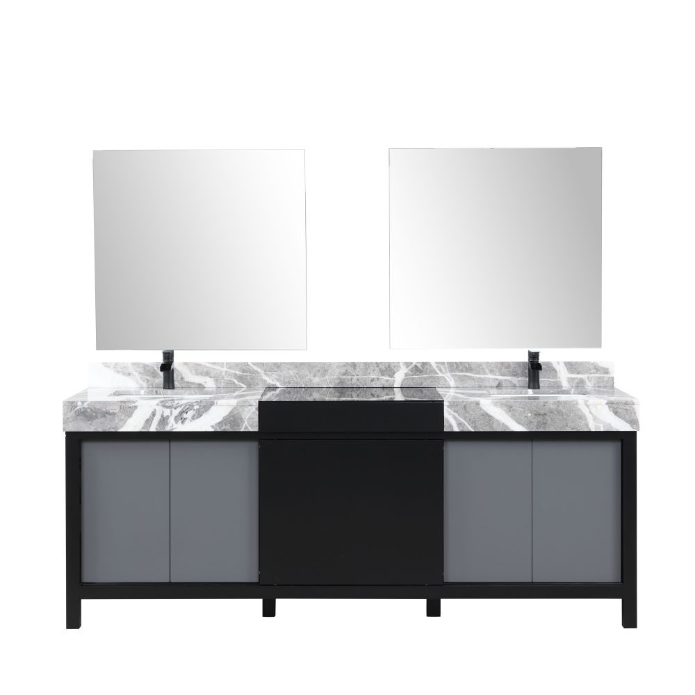 Zilara 84 in W x 22 in. D Black and Grey Double Bath Vanity, Castle Grey Marble Top, Matte Black Faucet Set and 34 in Mirrors