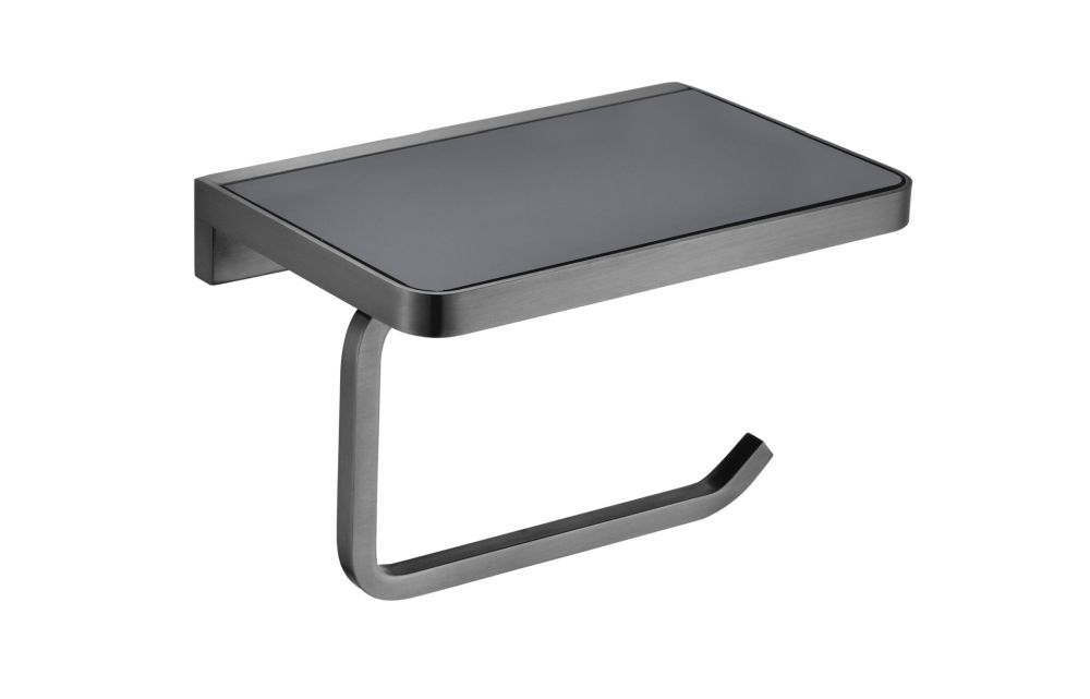 Bagno Bianca Stainless Steel Black Glass Shelf with Toilet Paper Holder in Gun Metal
