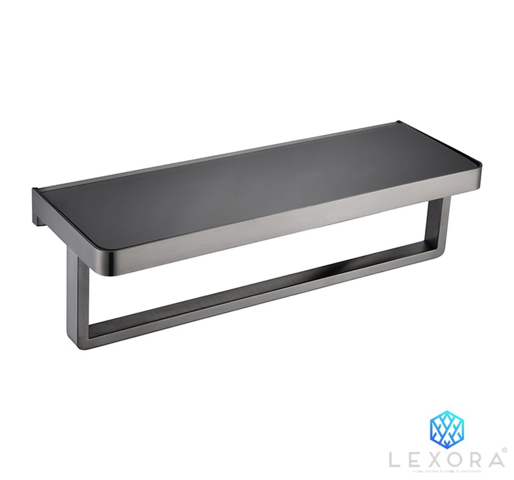 Bagno Bianca Stainless Steel Black Glass Shelf with Towel Bar in Gun Metal