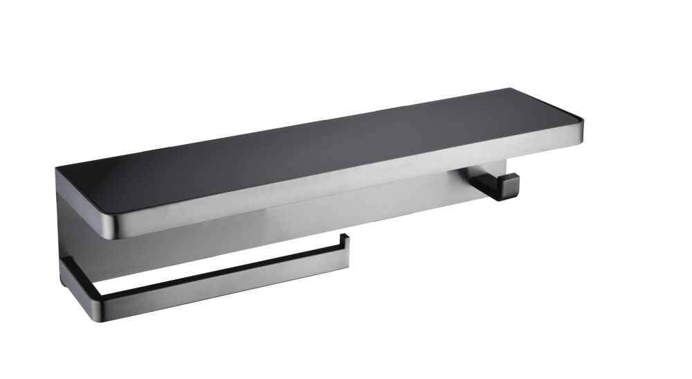 Bagno Bianca Stainless Steel Black Glass Shelf with Towel Bar & Robe Hook in Gun Metal