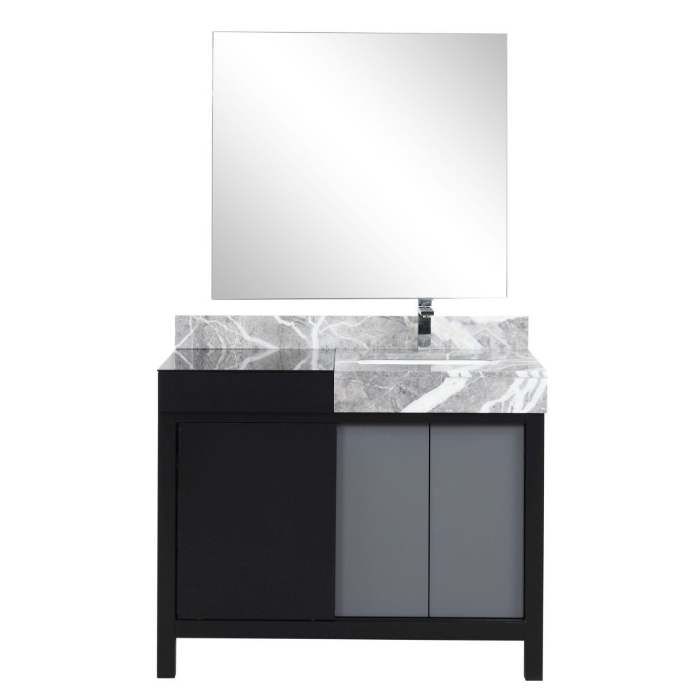 Zilara 42 in W x 22 in D Black and Grey Bath Vanity, Castle Grey Marble Top, Chrome Faucet Set and 34 in Mirror