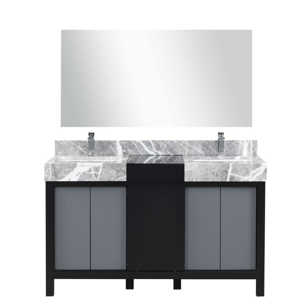 Zilara 55 in W x 22 in D Black and Grey Double Bath Vanity, Castle Grey Marble Top, Chrome Faucet Set and 53 in Mirror