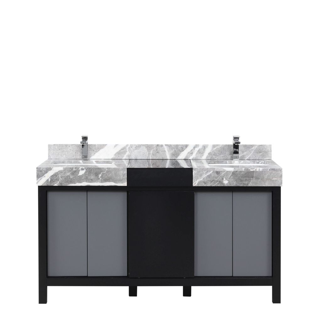 Zilara 60 in W x 22 in D Black and Grey Double Bath Vanity, Castle Grey Marble Top and Chrome Faucet Set