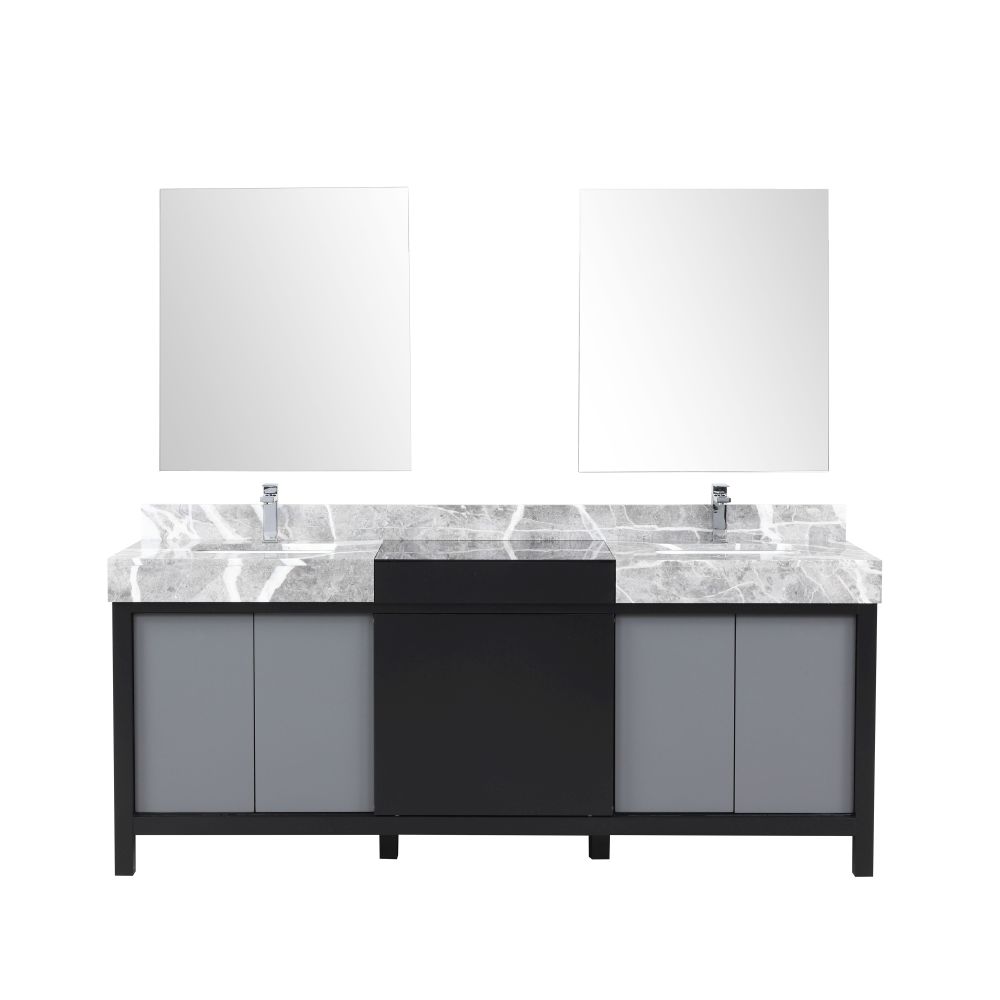 Zilara 80 in W x 22 in D Black and Grey Double Bath Vanity, Castle Grey Marble Top, Chrome Faucet Set and 30 in Mirrors