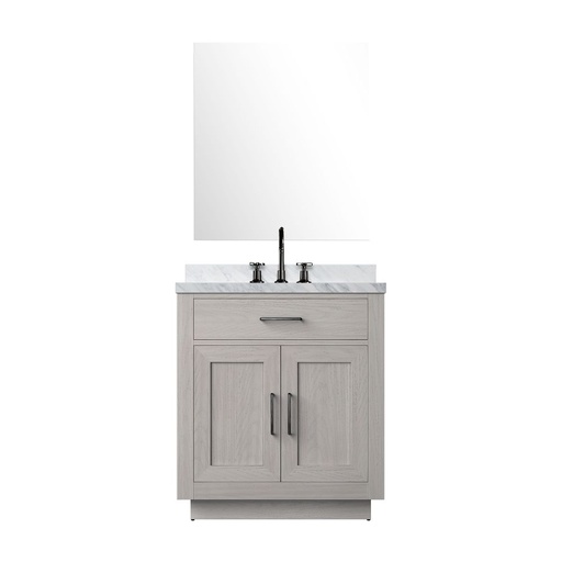 [LVA30SM111] Abbey 30 in W x 22 in. D White Oak Single Bath Vanity Carrara Marble Countertop, 28 in Mirror and Faucet Set