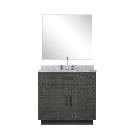 [LVA36SJ111] Abbey 36 in W x 22 in. D Black Oak Single Bath Vanity Carrara Marble Countertop, 34 in Mirror and Faucet Set