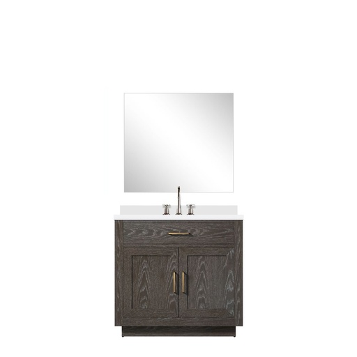 [LVA36SK211] Abbey 36 in W x 22 in. D Brown Oak Single Bath Vanity White Quartz Countertop, 34 in Mirror and Faucet Set