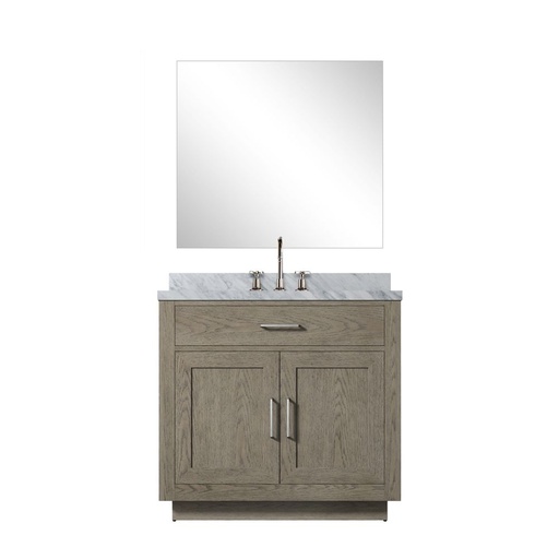 [LVA36SR111] Abbey 36 in W x 22 in. D Grey Oak Single Bath Vanity Carrara Marble Countertop, 34 in Mirror and Faucet Set