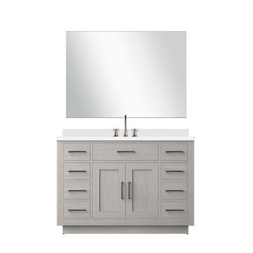 [LVA48SM211] Abbey 48 in W x 22 in. D White Oak Single Bath Vanity White Quartz Countertop, 43 in Mirror and Faucet Set