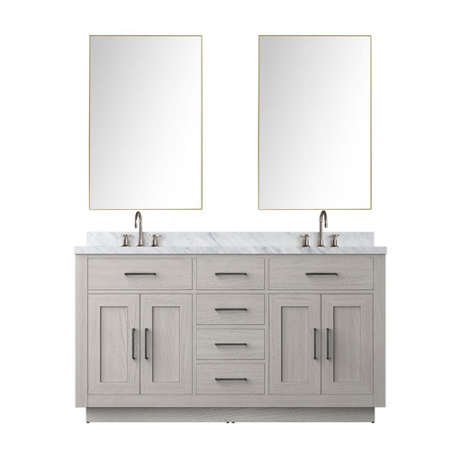 [LVA60DM111] Abbey 60 in W x 22 in. D White Oak Double Bath Vanity Carrara Marble Countertop, 55 in Mirror and Faucet Set