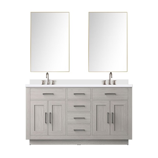 [LVA60DM211] Abbey 60 in W x 22 in. D White Oak Double Bath Vanity White Quartz Countertop, 55 in Mirror and Faucet Set