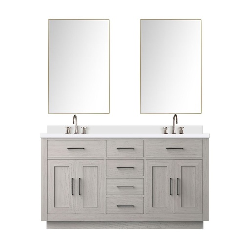 [LVA60DM311] Abbey 60 in W x 22 in. D White Oak Double Bath Vanity Cultured Marble Countertop, 55 in Mirror and Faucet Set