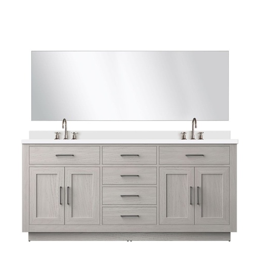 [LVA72DM211] Abbey 72 in W x 22 in. D White Oak Double Bath Vanity White Quartz Countertop, 70 in Mirror and Faucet Set