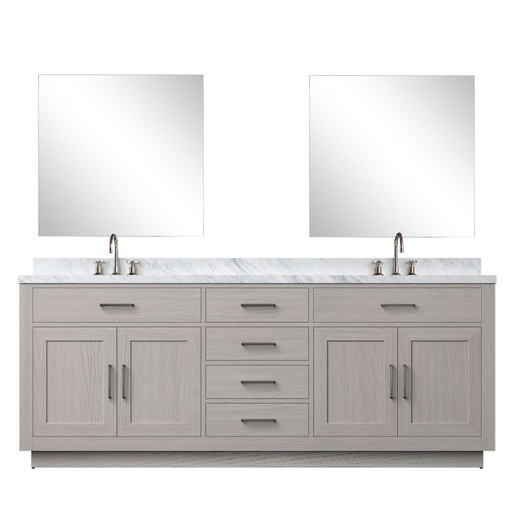[LVA84DM111] Abbey 84 in W x 22 in. D White Oak Double Bath Vanity Carrara Marble Countertop, 34 in Mirrors and Faucet Set