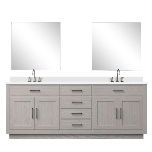 [LVA84DM311] Abbey 84 in W x 22 in. D White Oak Double Bath Vanity Cultured Marble Countertop, 34 in Mirrors and Faucet Set