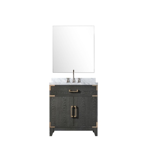 [LVL30SJ111] Laurel 30 in W x 22 in. D Black Oak Single Bath Vanity Carrara Marble Countertop, 28 in Mirror and Faucet Set