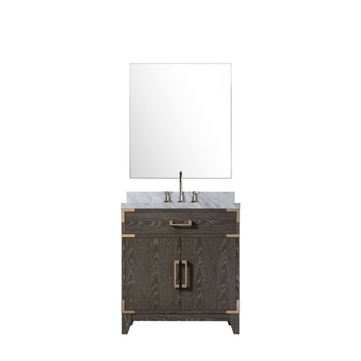 [LVL30SK111] Laurel 30 in W x 22 in. D Brown Oak Single Bath Vanity Carrara Marble Countertop, 28 in Mirror and Faucet Set