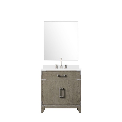 [LVL30SR211] Laurel 30 in W x 22 in. D Grey Oak Single Bath Vanity White Quartz Countertop, 28 in Mirror and Faucet Set