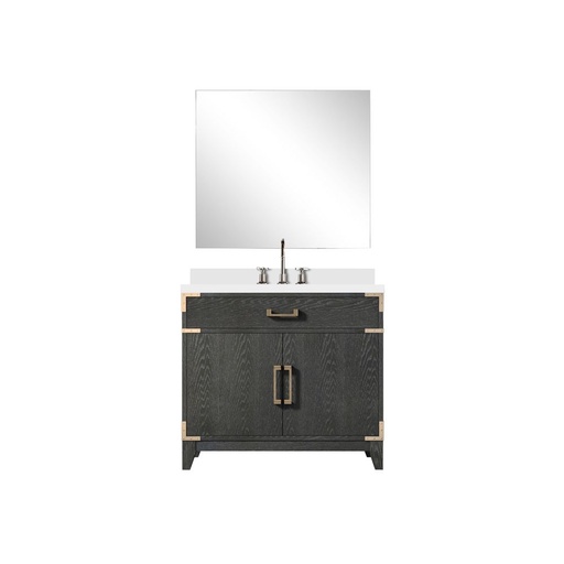 [LVL36SJ211] Laurel 36 in W x 22 in. D Black Oak Single Bath Vanity White Quartz Countertop, 34 in Mirror and Faucet Set