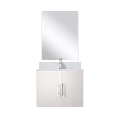 [LVG24SM111] Geneva 24 in W x in. D Glossy White Single Bath Vanity Carrara Marble Countertop, 18 in Mirror and Faucet Set