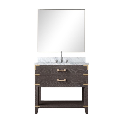 [LVN36SK111] Norwalk 36 in W x 22 in. D Brown Oak Single Bath Vanity Carrara Marble Countertop, 34 in Mirror and Faucet Set