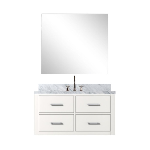 [LVC36SA111] Castor 36 in W x 22 in. D White Single Bath Vanity Carrara Marble Countertop, 34 in Mirror and Faucet Set