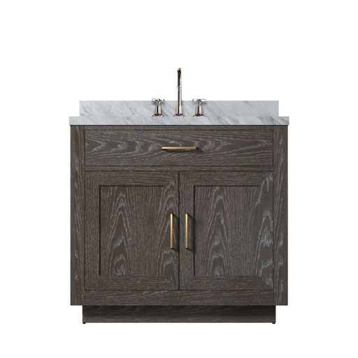 [LVA36SK101] Abbey 36 in W x 22 in. D Brown Oak Single Bath Vanity, Carrara Marble Top, and Faucet Set