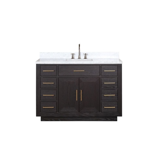 [LVA48SJ101] Abbey 48 in W x 22 in. D Black Oak Single Bath Vanity, Carrara Marble Top, and Faucet Set