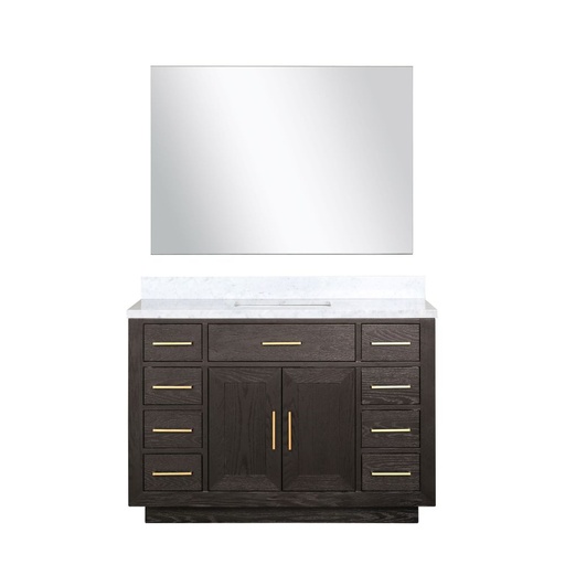 [LVA48SK110] Abbey 48 in W x 22 in. D Brown Oak Single Bath Vanity, Carrara Marble Top, and 46 in Mirror