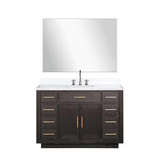 [LVA48SK111] Abbey 48 in W x 22 in. D Brown Oak Single Bath Vanity, Carrara Marble Top, Faucet Set, and 46 in Mirror