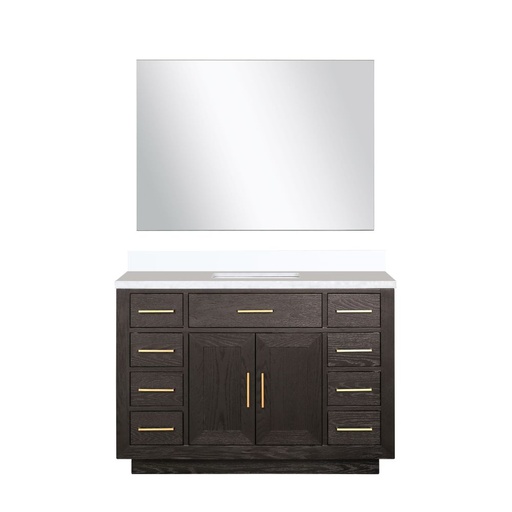 [LVA48SK210] Abbey 48 in W x 22 in. D Brown Oak Single Bath Vanity, White Quartz Top, and 46 in Mirror